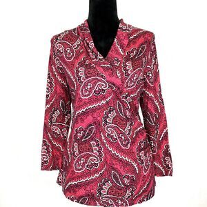 Talbots Top SMALL Black Red Salmon Pink White Paisley Faux Wrap 3/4 Sl Rayon